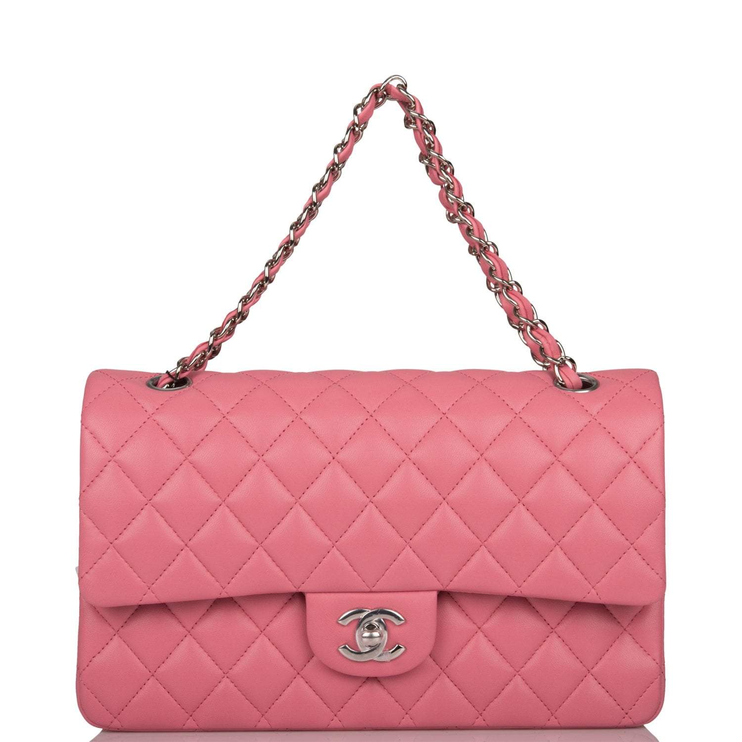 Chanel Medium Classic Double Flap Bag Rose Quilted Lambskin Silver Hardware