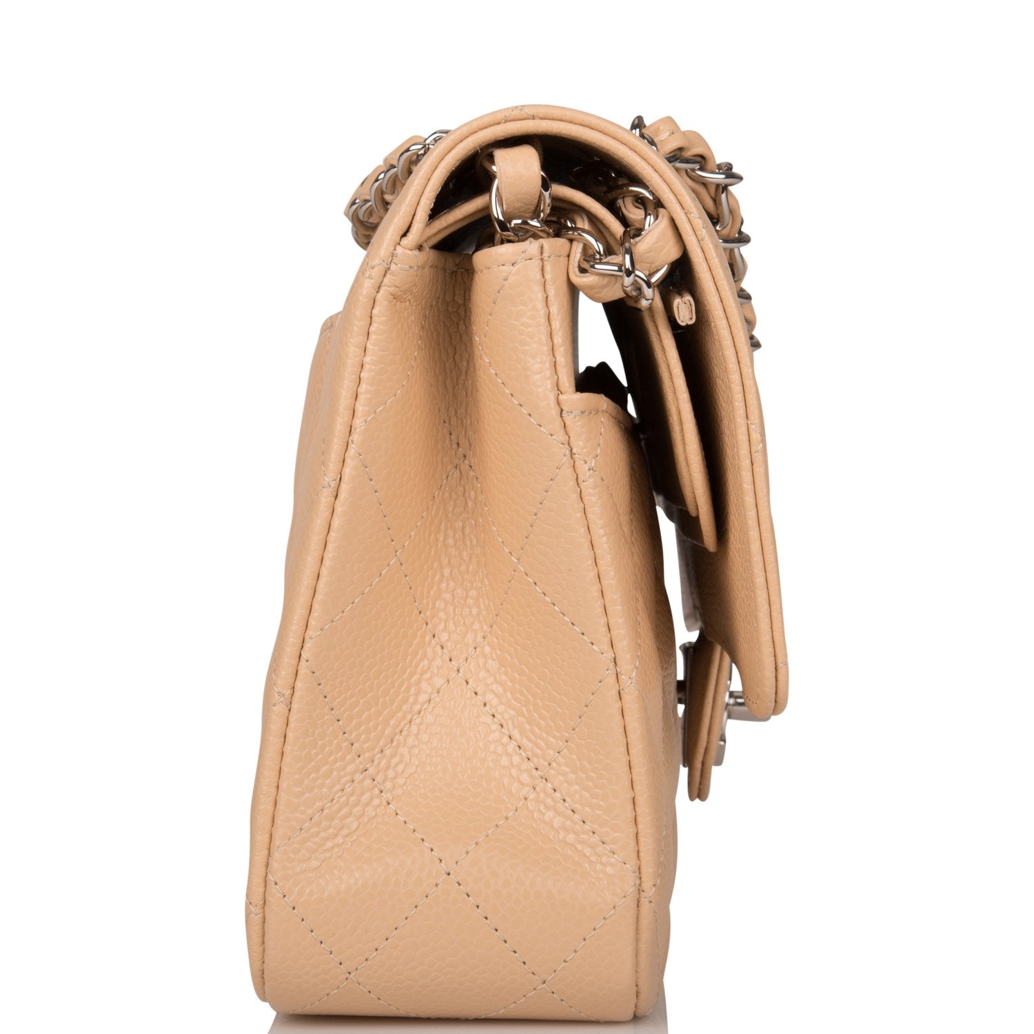 Chanel Beige Quilted Caviar Medium Classic Double Flap Bag Silver Hardware