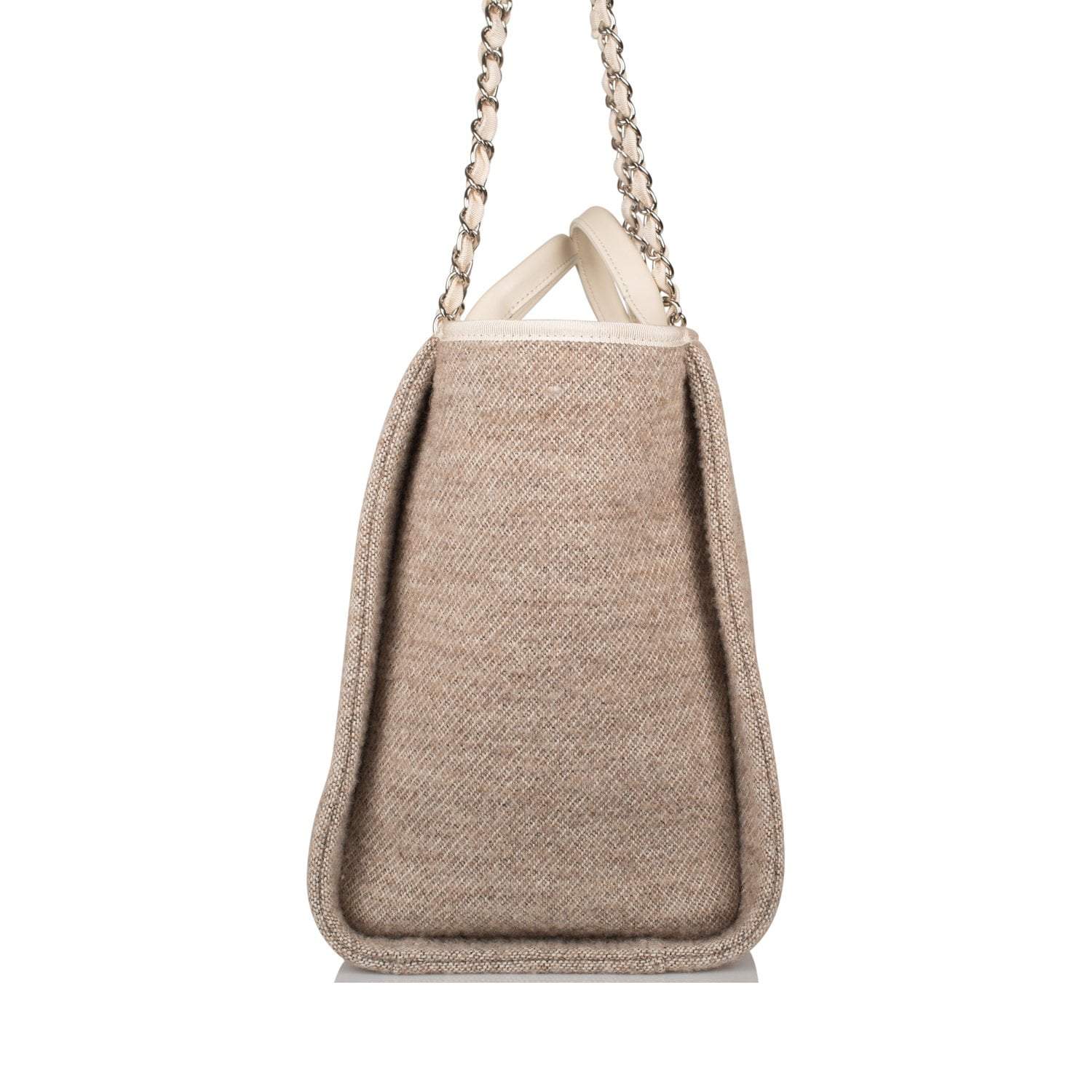 Chanel Beige Wool Large Deauville Shopping Bag Silver Hardware