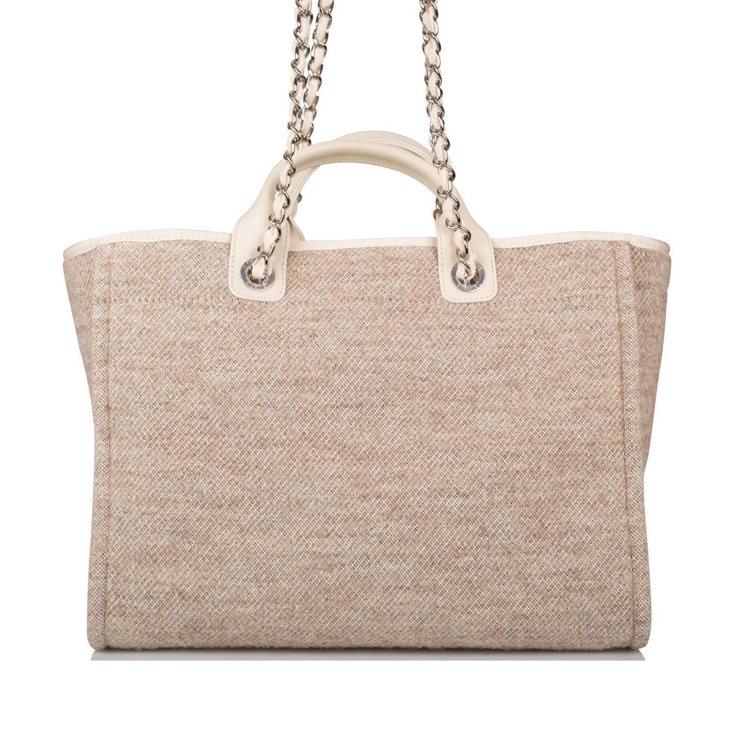 Chanel Beige Wool Large Deauville Shopping Bag Silver Hardware
