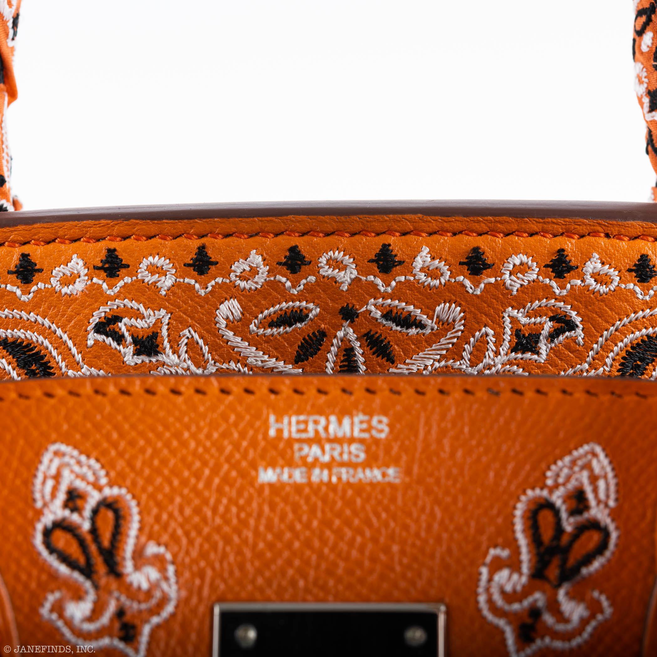 Jay Ahr Vintage 2013 Hermes Birkin 30 Orange Epsom Bandana Embroidery "Rio de Janeiro"