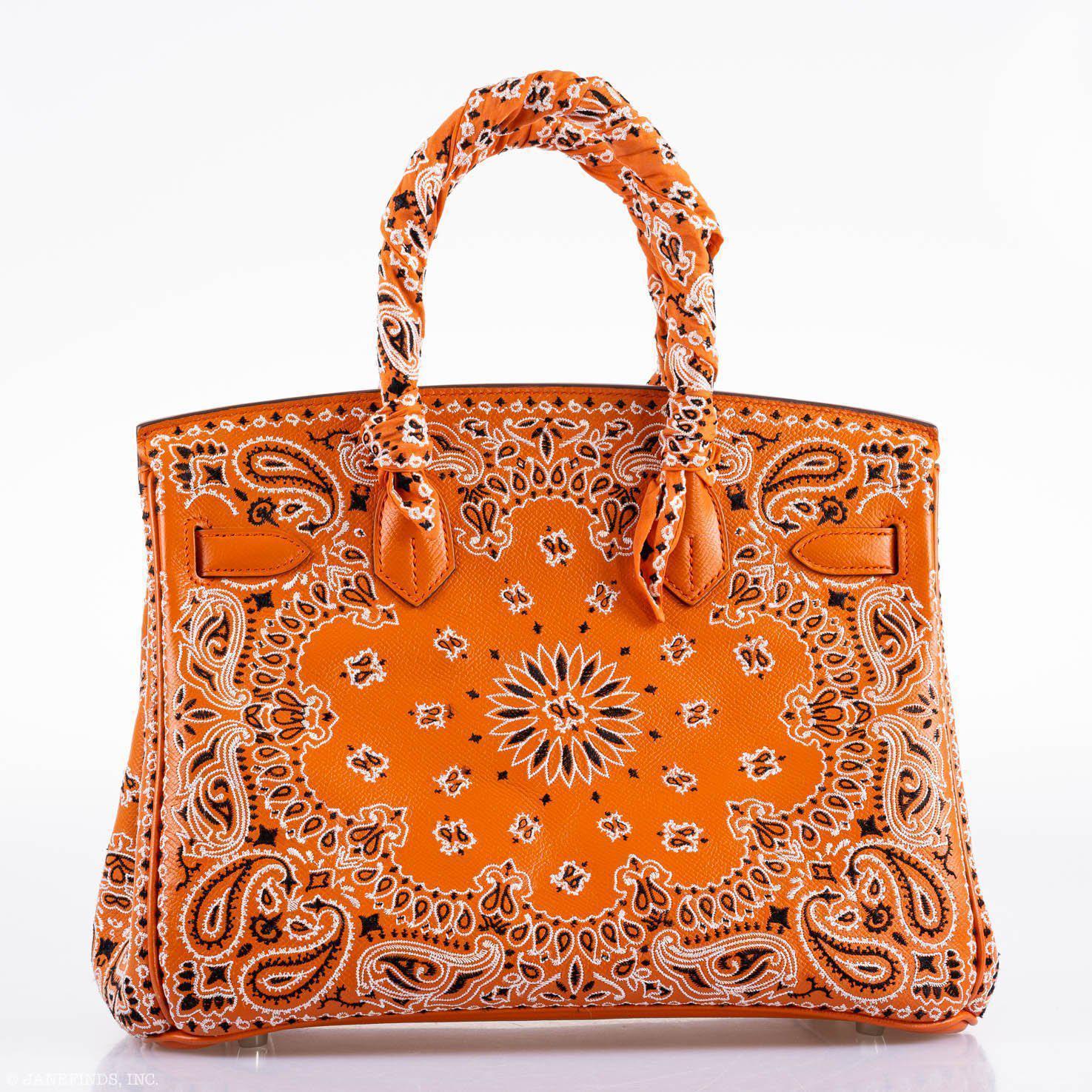 Jay Ahr Vintage 2013 Hermes Birkin 30 Orange Epsom Bandana Embroidery "Rio de Janeiro"
