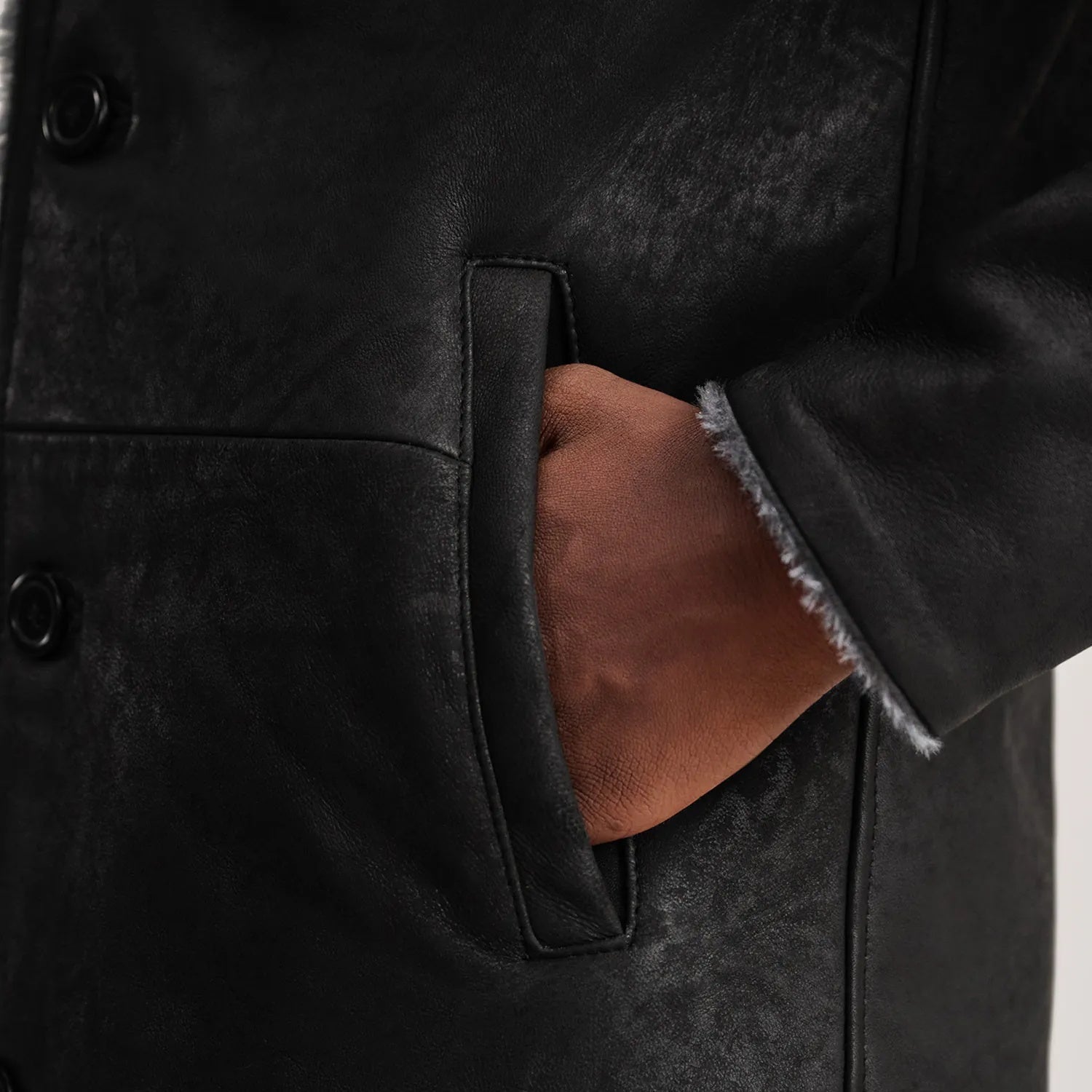 Kolby Distressed Black Shearling Long Coat