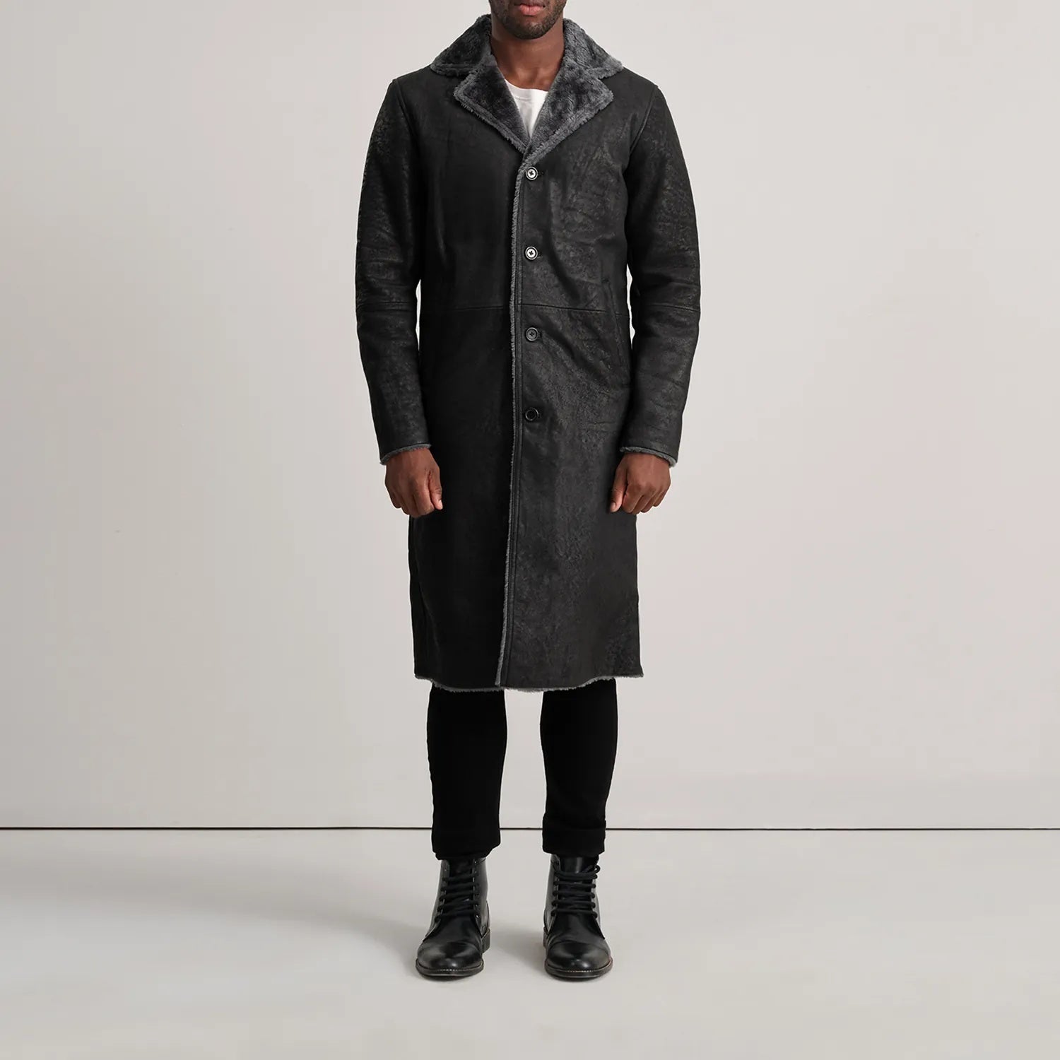 Kolby Distressed Black Shearling Long Coat