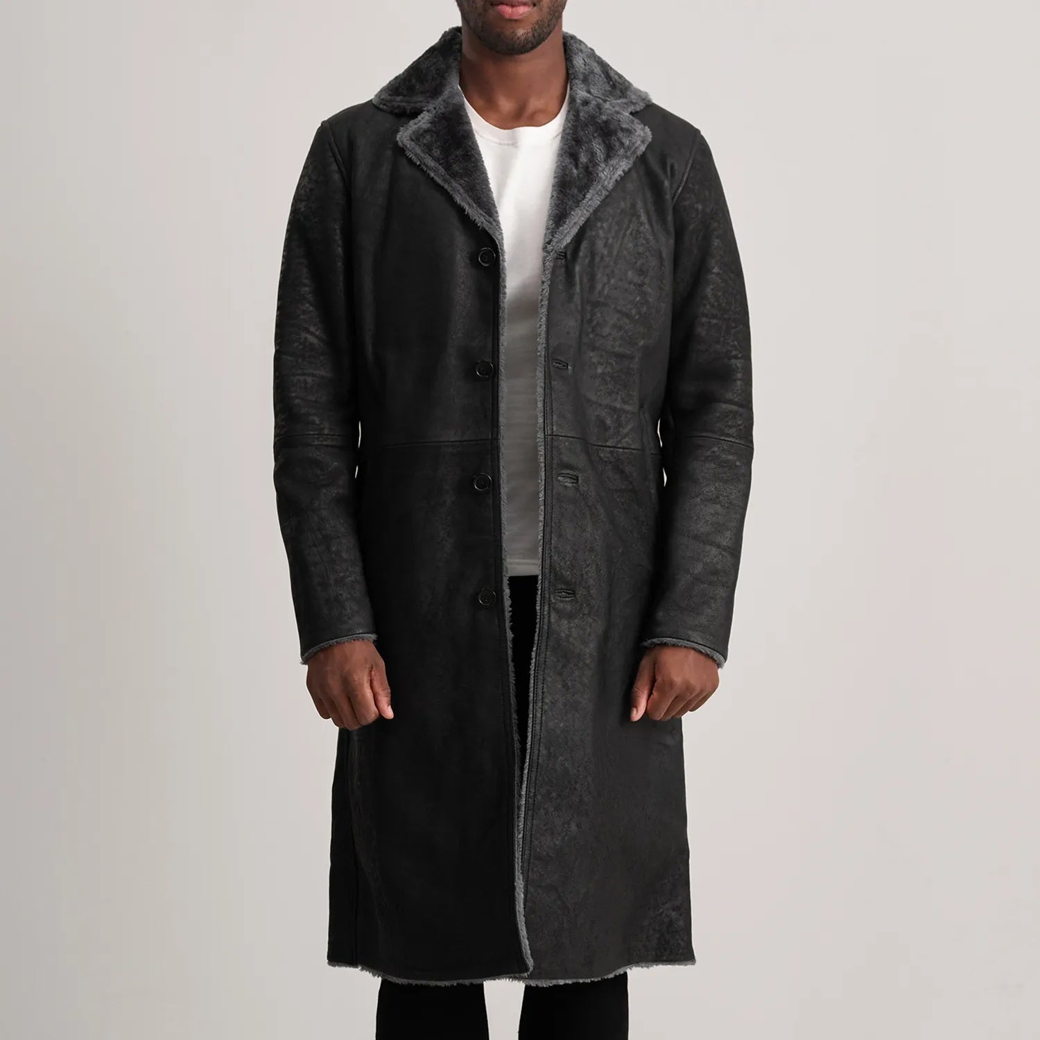 Kolby Distressed Black Shearling Long Coat