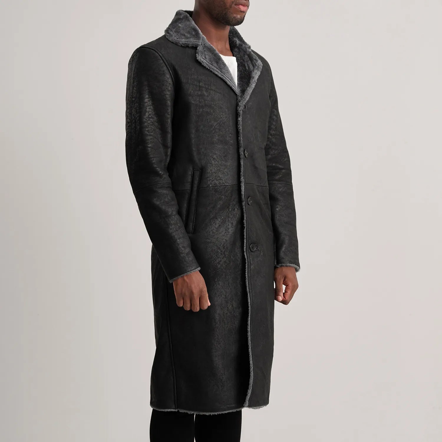 Kolby Distressed Black Shearling Long Coat